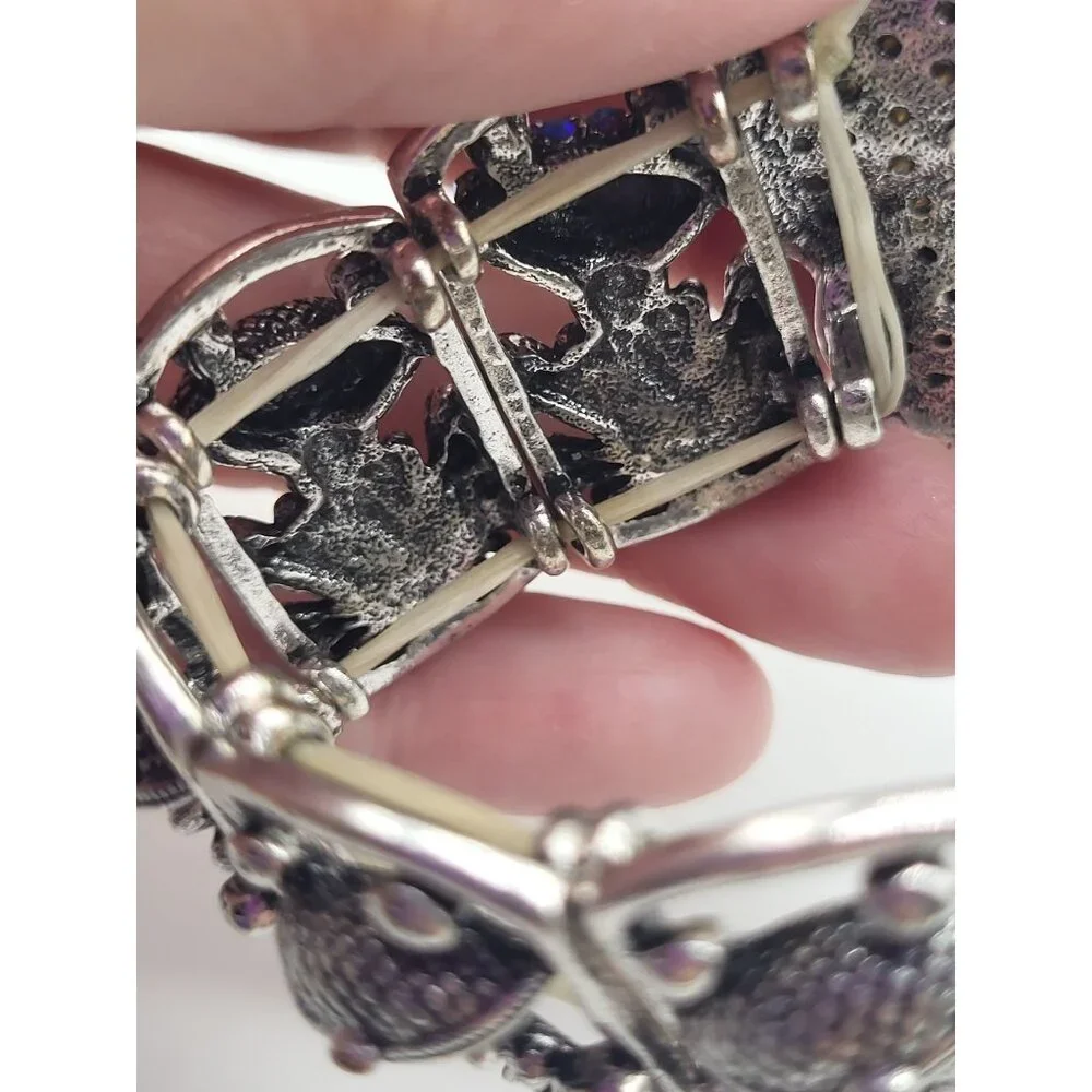 YUHONG Rhinestone Stretch Silver Tone Bracelet FROG Whimsical Bling Fairy Flower - Picture 9 of 12